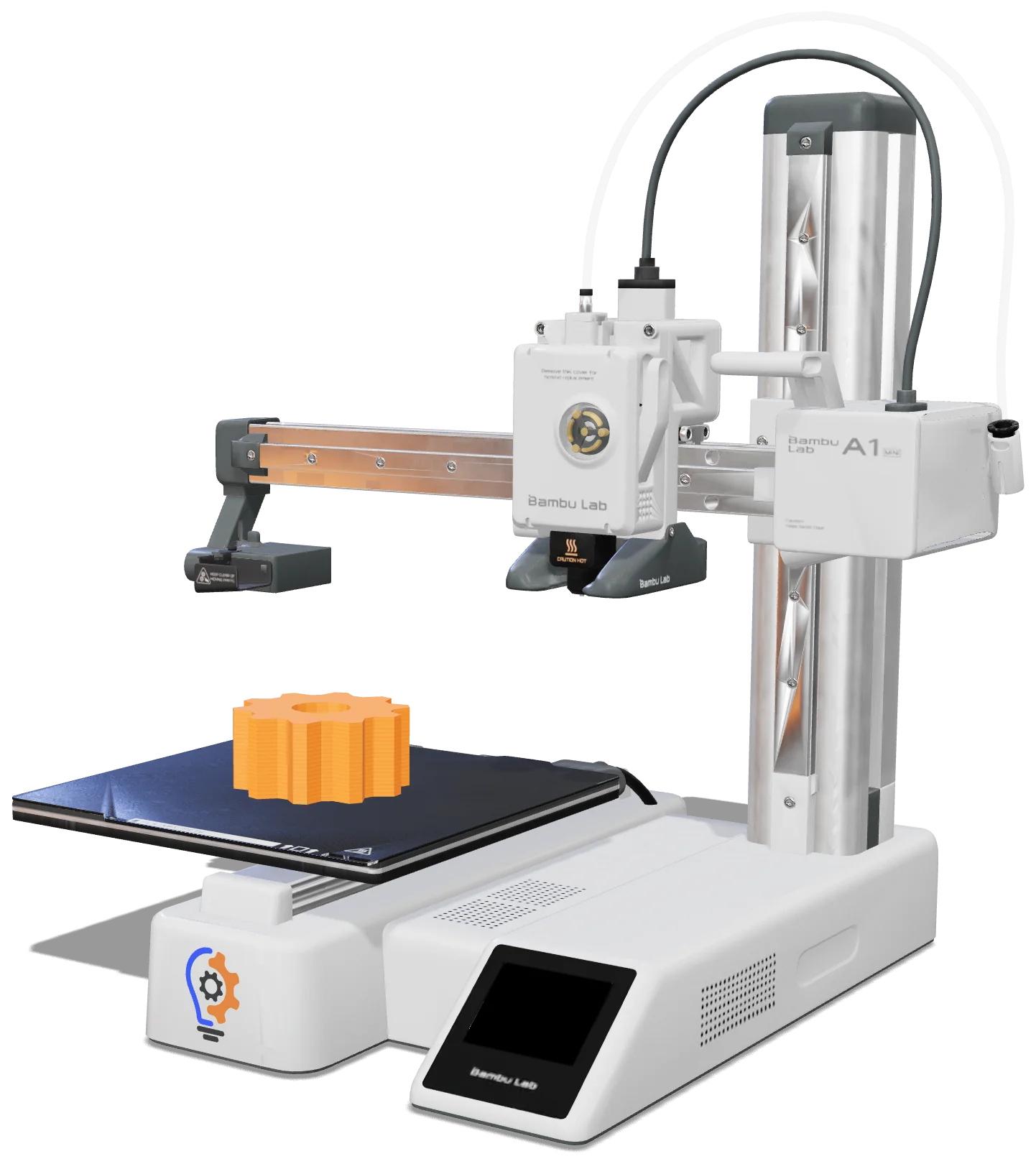 Impresora 3D Bambu Lab A1 mini con un engranaje recién impreso